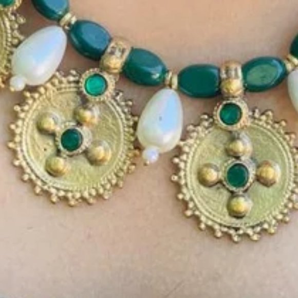 Pearls and Beads Jewelry Set, Handmade Coins Jewelry Set With Glass Stones, - Picture 7 of 12